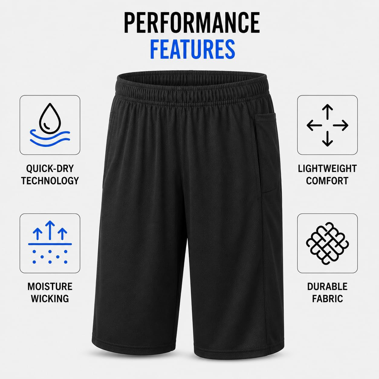 Mens 4 Pack Dry-Fit Athletic Performance Gym Shorts | Lightweight Moisture Wicking Fabric with a Breathable Elastic Waist, Built for Workouts, Running and Active Days, Pockets