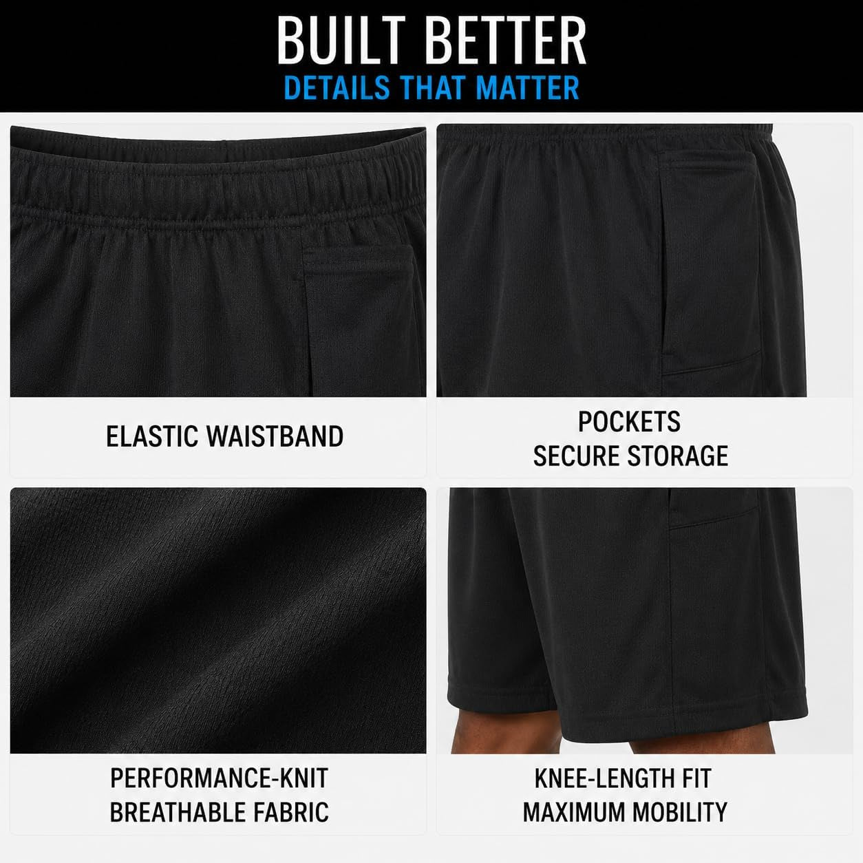 Mens 4 Pack Dry-Fit Athletic Performance Gym Shorts | Lightweight Moisture Wicking Fabric with a Breathable Elastic Waist, Built for Workouts, Running and Active Days, Pockets