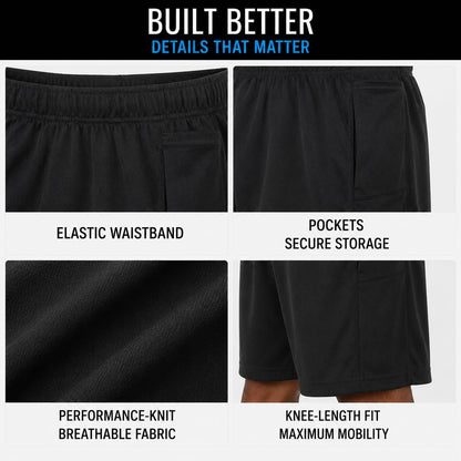 Mens 4 Pack Dry-Fit Athletic Performance Gym Shorts | Lightweight Moisture Wicking Fabric with a Breathable Elastic Waist, Built for Workouts, Running and Active Days, Pockets