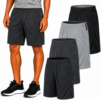 Mens 4 Pack Dry-Fit Athletic Performance Gym Shorts | Lightweight Moisture Wicking Fabric with a Breathable Elastic Waist, Built for Workouts, Running and Active Days, Pockets